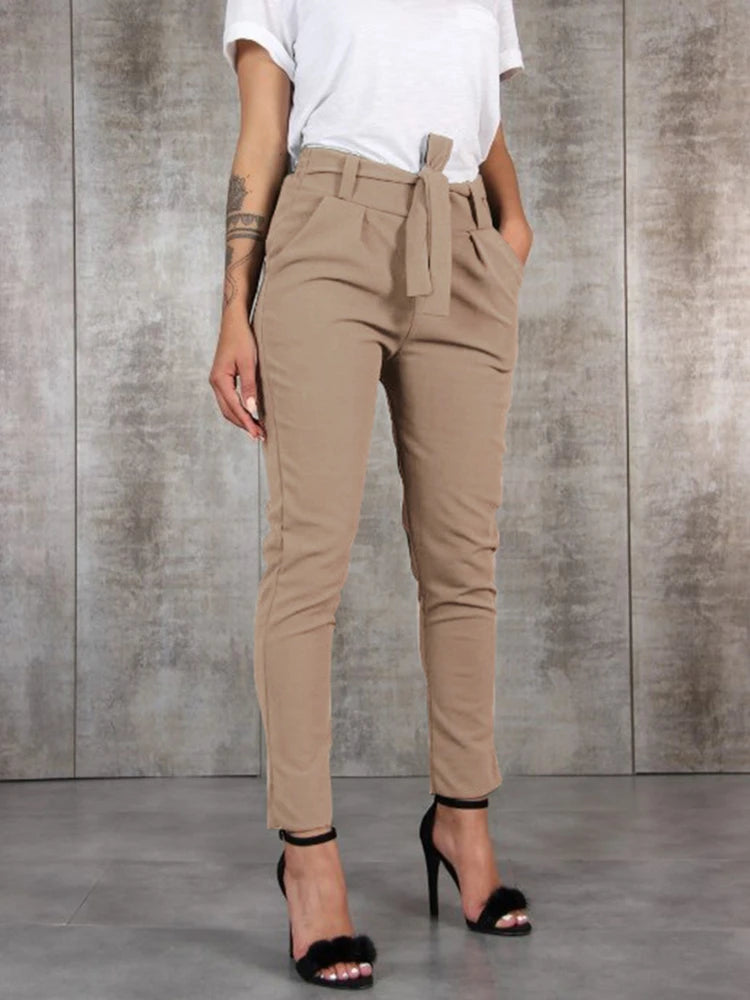 Spring Summer Autumn Casual Slim Chiffon Thin Pants For Women High Waist Black Khaki Green Pants Woman Trousers