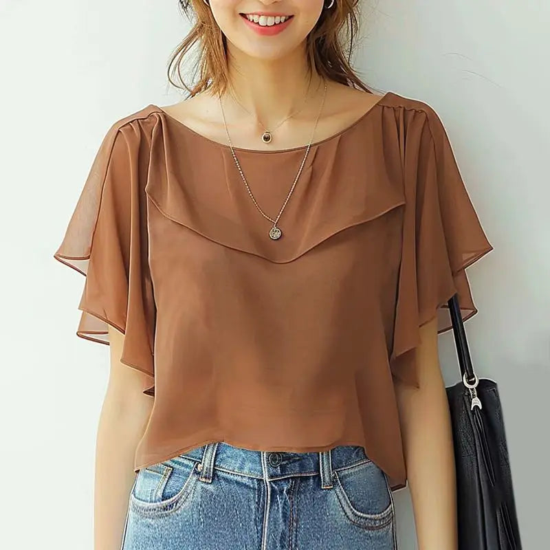 Summer Women Chiffon Blouse Elegant Ruffle Short Sleeve Tops Shirt Korean Fashion Casual Tunic Chic Ruffle Hem Blusa