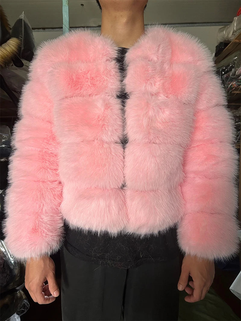 Faux Fox Fur Coat Women Winter Long Sleeve Luxury Raccoon Fur Jackets Thick Top Female Furry Coat Fluffy Synthetic Top Outwear