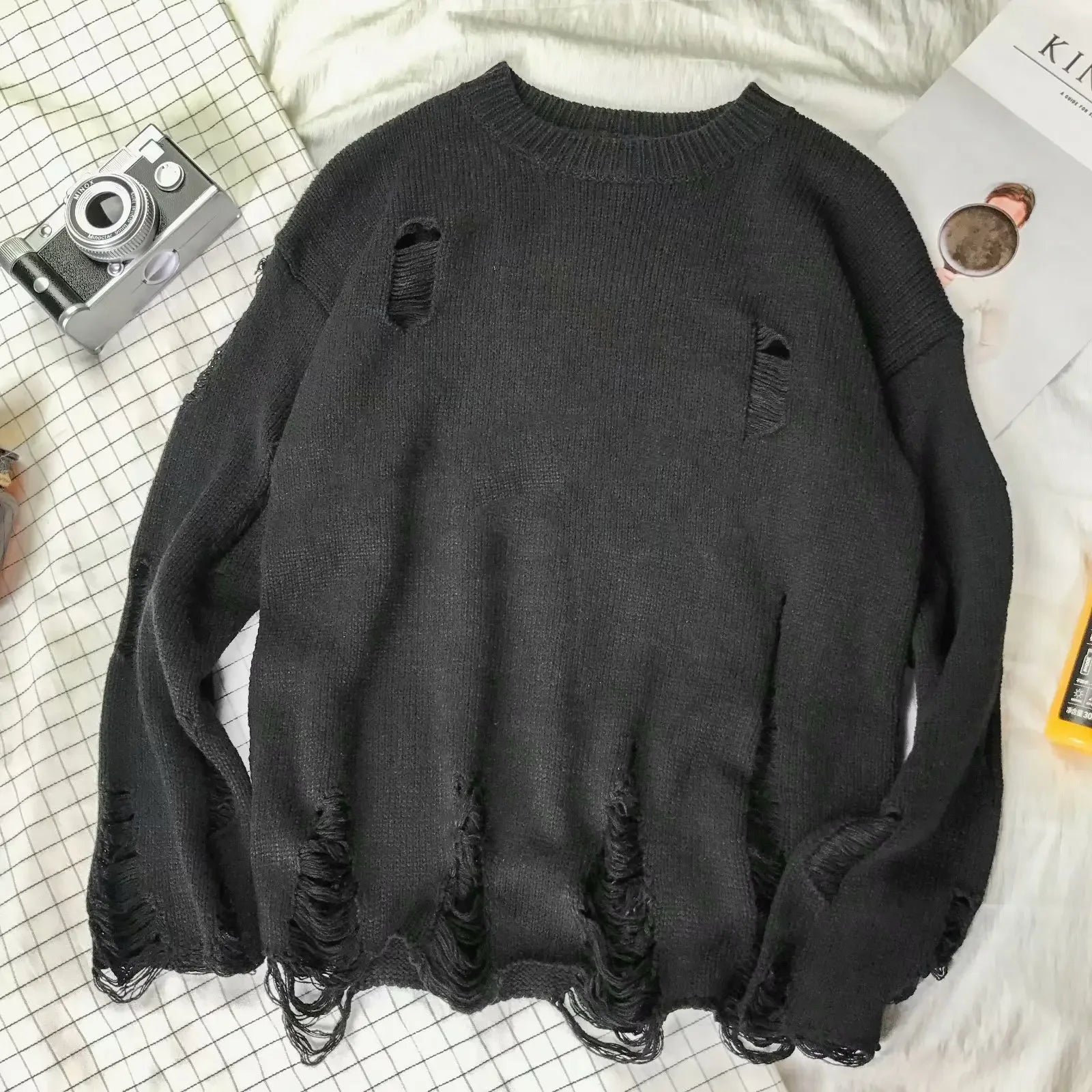 Spring Popular Ulzzang Hole Sweater Men's Bf Style Line Clothes Korean Version Couple Top Jacket Casual Scene Crew Neck