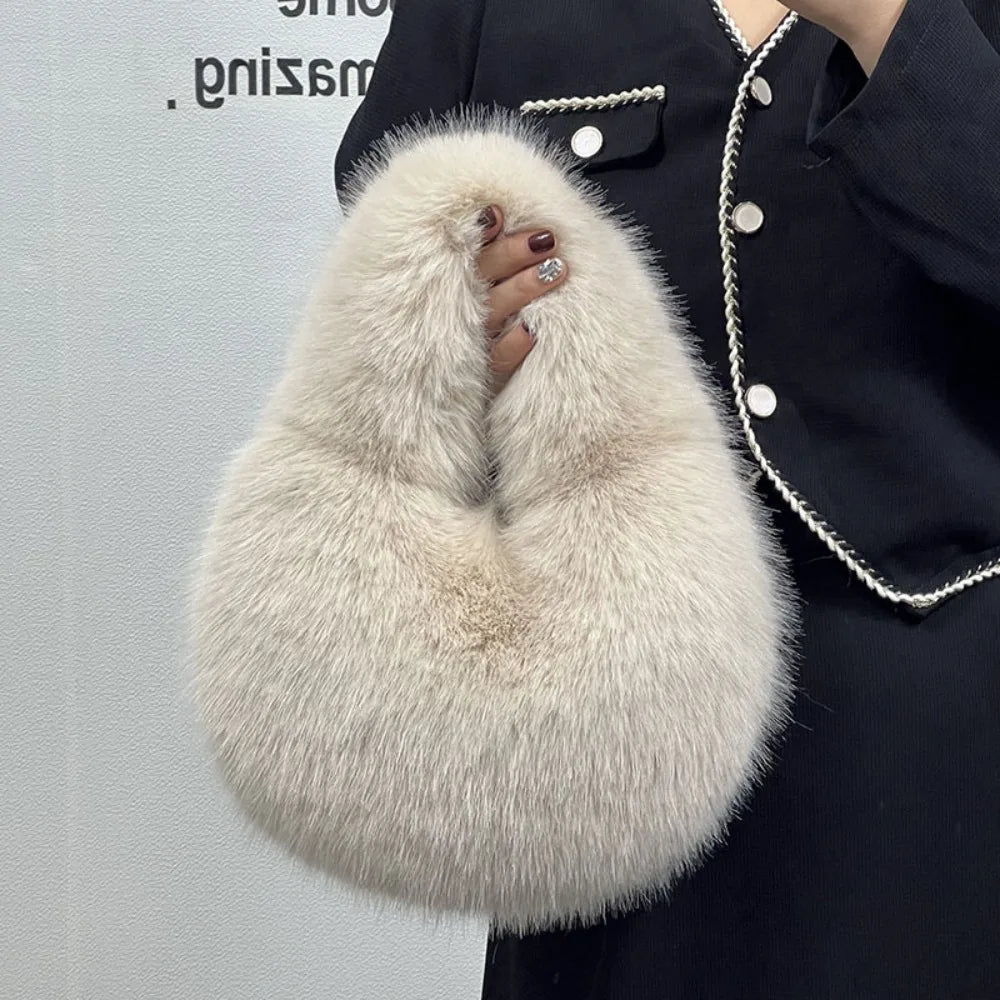 Luxury Soft Plush Half Moon Bag Faux Fur Fluffy Lady Handbags Female Winter Purse Party Clutch Bag Casual Tote Bag