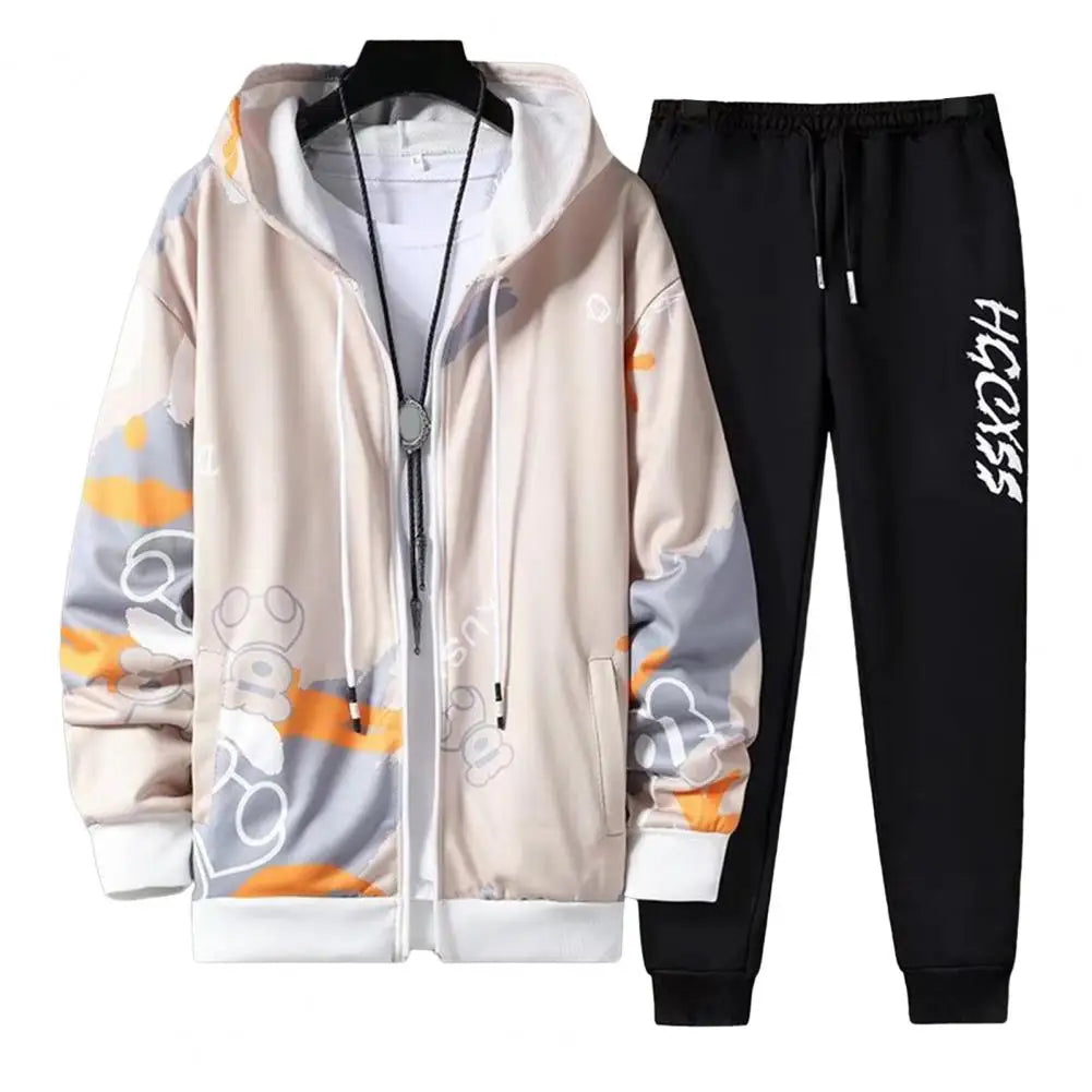 2 Pcs/Set Men Coat Pants Suit Hooded Letter Print Drawstring Loose Jogging Set Hip Hop Ankle-banded Men Sportwear Tracksuit