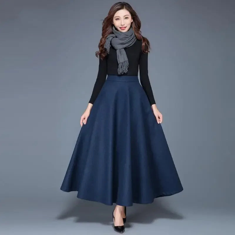 Winter Women Long Woolen Skirt Fashion High Waist Basic Wool Skirts Female Casual Thick Warm Elastic A-Line Maxi Skirts