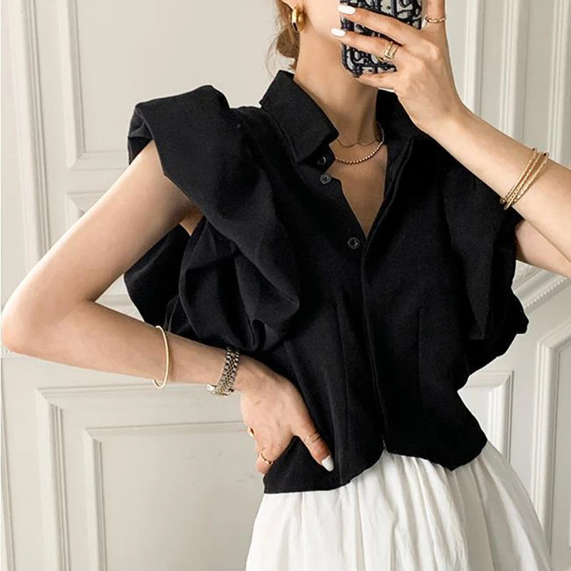 Women Chiffon Black Shirts Summer Fashion Elegant Puff Sleeve Tops Korean All Match Female Casual Blouse New