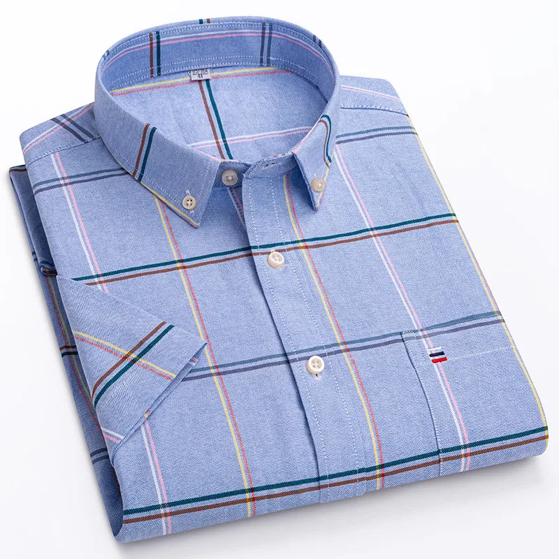 100% Cotton Men Oxford Shirt Short Sleeve Summer Plaid Striped Male Clothes Business Regular Fit Dress Shirt Oversized