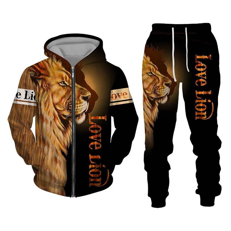 Autumn and Winter Men's Tracksuit 3D The Lion Print Zipper Hoodies Sweatshirts Pants Sets Casual Mens Clothing Women's Tracksuit