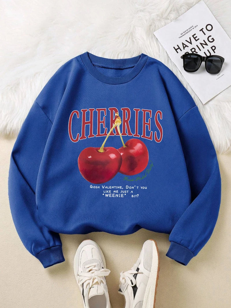 Fashion Womens Sweatshirt Fresh Red Cherries Printing Pullover Crewneck Fleece Soft Breathable Hoodie Autumn Female Streetwear