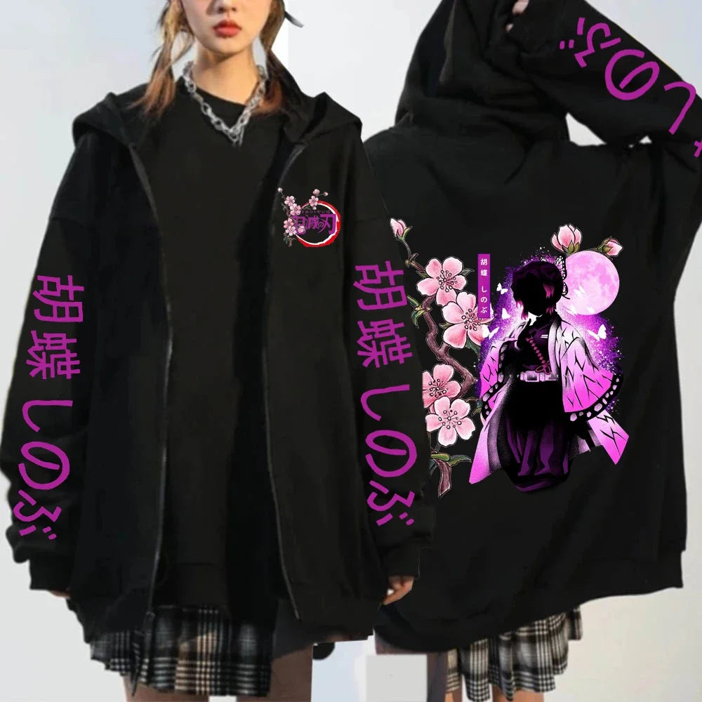 Anime Kochou Shinobu Zipper Hoodie Manga Winter Autumn Casual Jacket Sweatshirt Harajuku Demon Slayer Kimetsu No Yaiba Coats