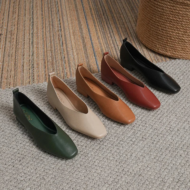 Genuine Leather Multi-color Low-heeled women's Shoes  Round Toe Flat Bottom Shallow Cut Single Shoe Casual Versatile Loafers