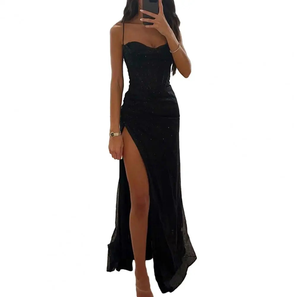 Woman Spring Summer Bodycon Dress Sexy Shiny Sequins Spaghetti Strap Split High Waist Dress Lady Prom Dress Evening Dresses