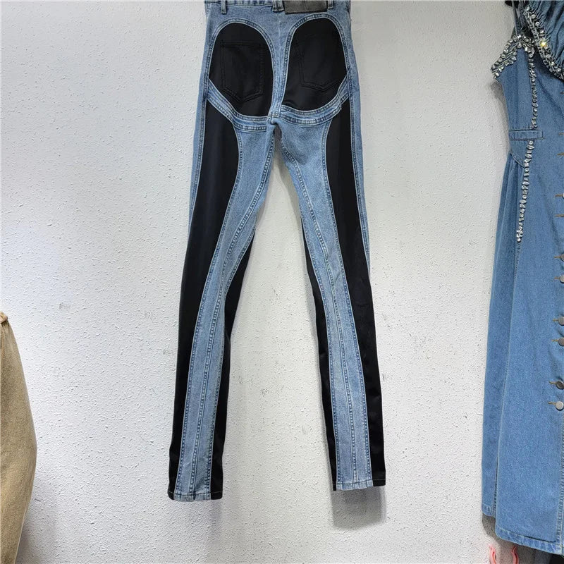 [EWQ] Women Streetwear Splice Jeans Autumn New Tide Female Fashion Patchwork Contrast High Waist Split Denim Pencil Pants