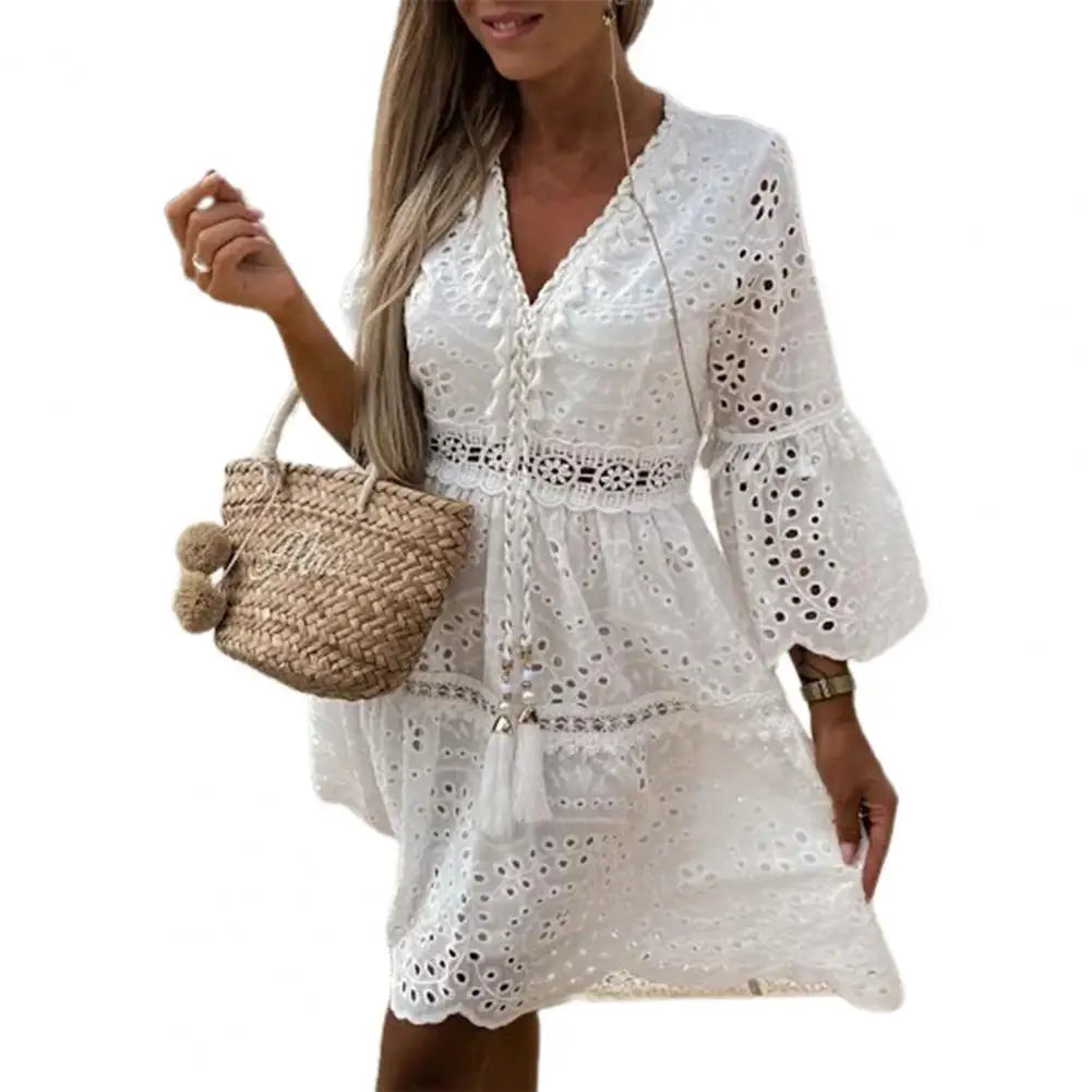 Women Dress Hollow Out Lace-up Summer Tassels Crochet Mini Dress Lace Tassels Mini Dress