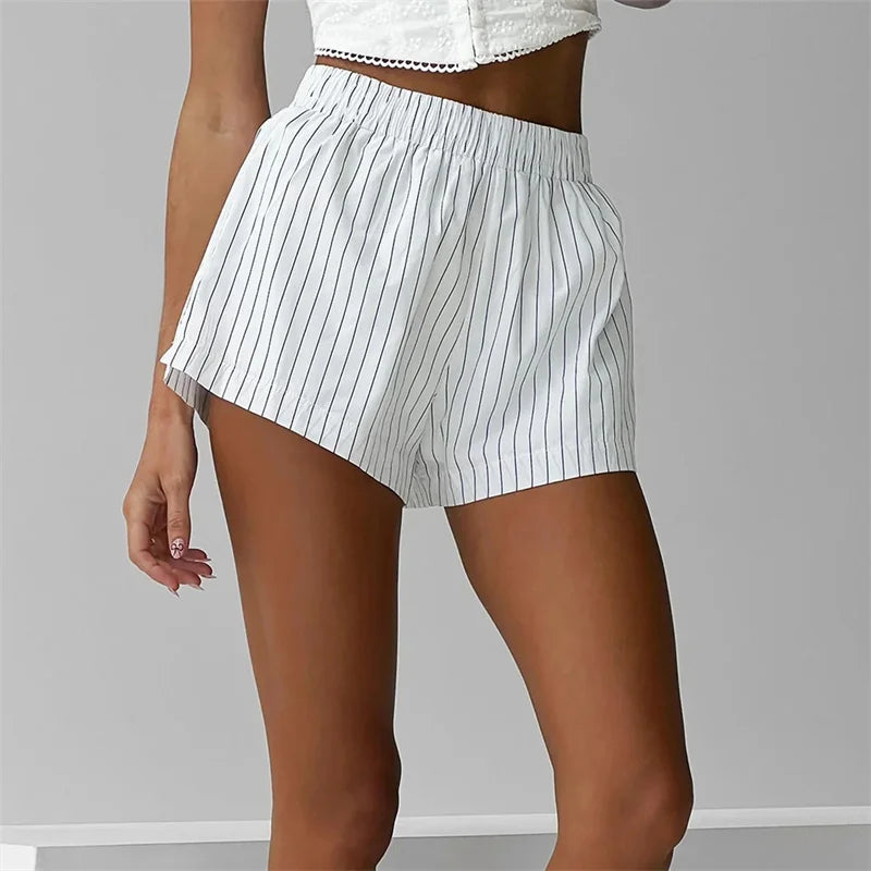 Women Y2k Stripes Boxer Shorts Summer Hot Pants Elastic Waist Loose Fit Boy Shorts Cute Lounge Sleep Shorts Jogging Bottoms