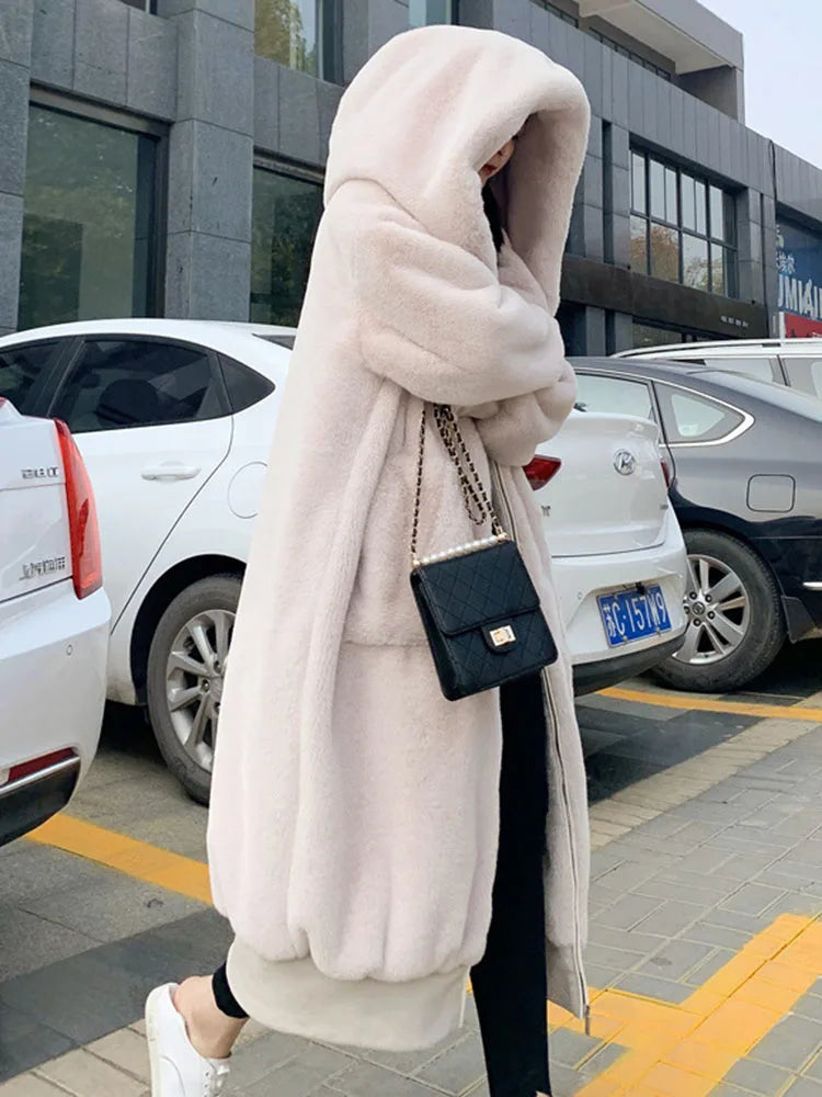 New Hooded Long Warm Thickened Jacket Trend Faux Rabbit Fur Coat Winter Casual Plush Chaqueta High-quality Luxury Outerwears Top