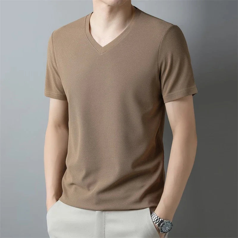 Men's Waffle V Neck Short Sleeve T-Shirt Summer Comfortable Breathable Fashion Top in Solid Colors