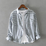 Vintage Classic Plaid Cotton Long Sleeve Blue Shirt Male Casual Slim Fit Button Up Shirt Clothes