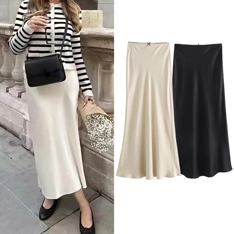 HXAO Women Satin Midi Skirt Fashion Female High Waist Long Skirts Summer 2024 New In Skirt Luxury Elegant Ladies All-Match Skirt