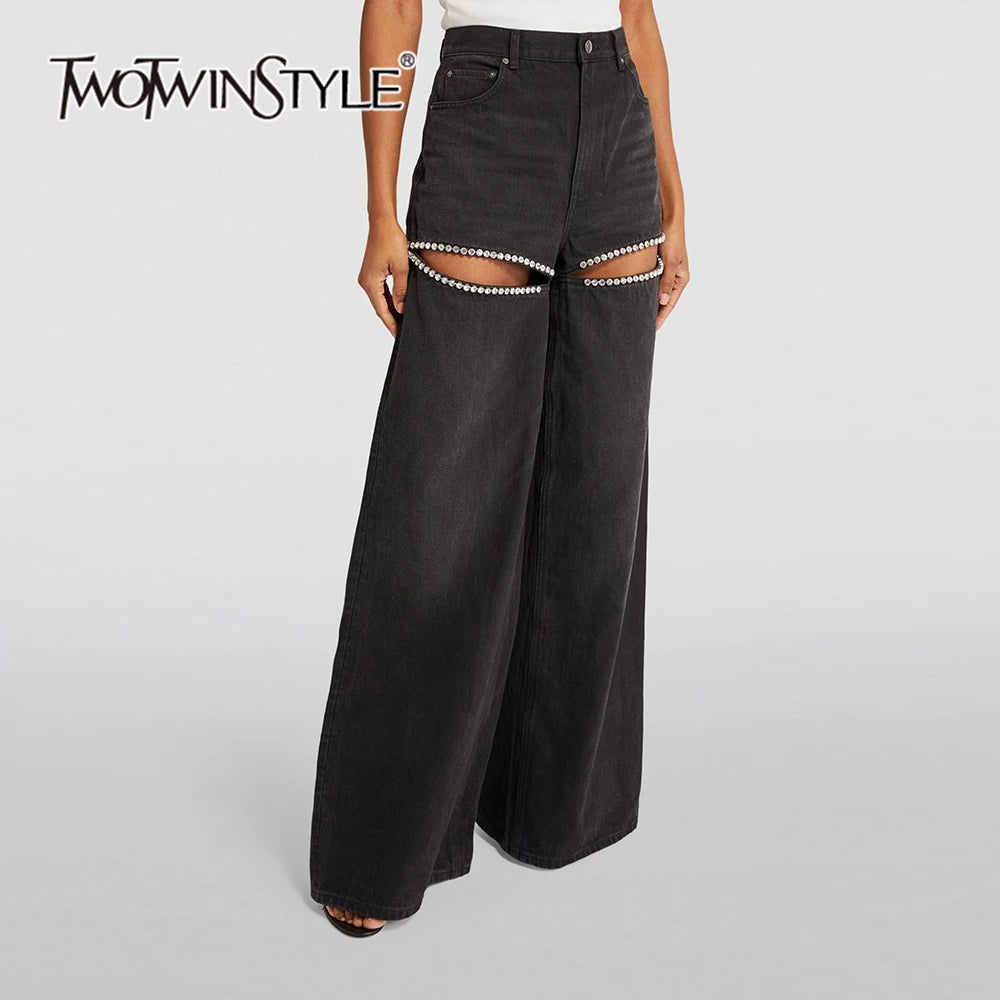 TWOTWINSTYLE Hollow Out Patchwork Diamonds Jeans For Women High Waist Patchwork Button Loose Wide Leg Demin Pant Female Fashion