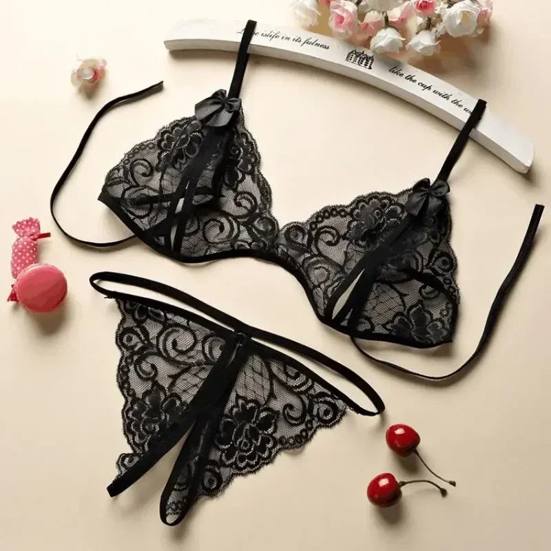 Sexy Non Padded Bra and Panties Set Tie Up Ultra Thin Underwear Couples for Date Night Open Crotch Thong Lingerie Set