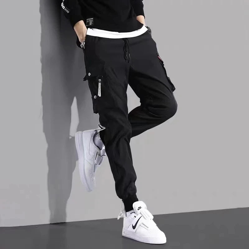 Men's Cargo Pants Casual Hip Hop Hit Color Multiple Pockets Trousers Streetwear Ribbons Techwear Sweatpants