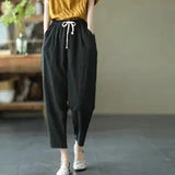 Rimocy Summer Casual Cotton Linen Pants Women Retro Pockets Loose Harem Pants Woman Solid Elastic Waist Trousers Female