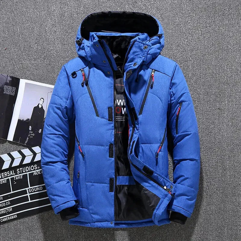 Men's Casual Fashion Padded Thickened Cold Hooded Down Jacket Outdoor Multi-Functional Large Mouth Thick Solid Color Zipper Coat