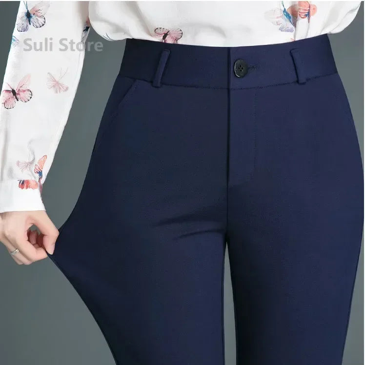 Spring Autumn Casual Button Elastic Mid Waist Black&Navy Blue Straight Trousers Office Lady Quick Drying Suit Pants Female