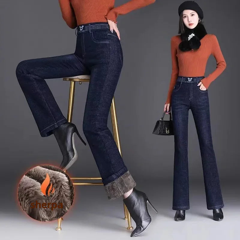 Jeans Women's Fleece-lined Thickened High-waisted Straight-leg Elastic Waist Bell-bottom Pants Warm Autumn/winter