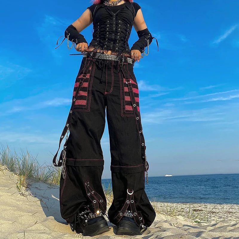 Gothic Women Punk Cargo Pants Wide Straight Leg Pants Grunge Hippie Baggy Trousers Y2k Academic Dark Clothes Streetwear