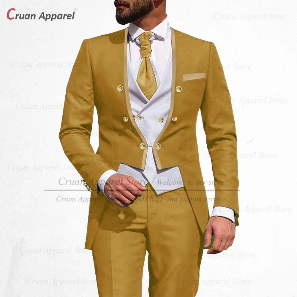 Latest Royal Blue Suit Men 3Pcs Slim Fit Wedding Best Man Groom Tuxedo Double Breasted Gold Trim Jacket Vest Pants Set Tailcoat