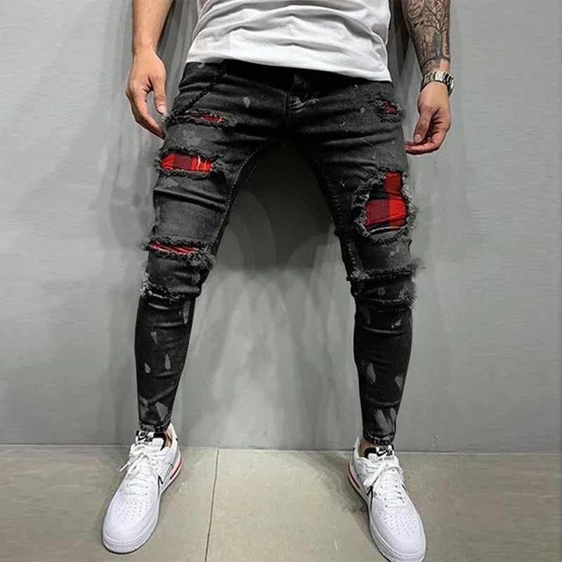 New Men's Skinny Ripped Jeans Fashion Grid Hole Endothecium Patches Slim Fit Stretch Casual Denim Pencil Pants Jogging Trousers