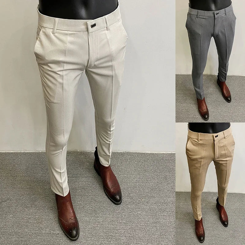 Men Suit Pants Formal Trousers Pantalone Hombre Stretch Slim Solid Color Casual Dress Full Length Pants Fashion New Men Clothing