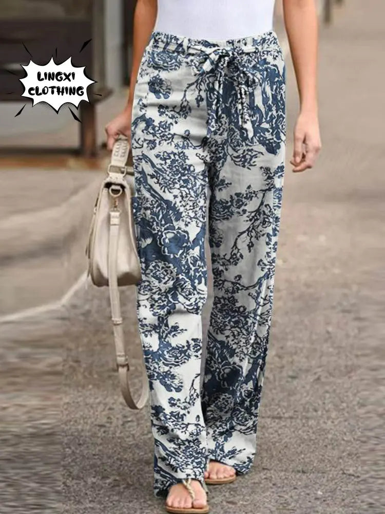 New Summer Fashion Casual Simple Comfortable Elastic Waist Cotton Hemp Large Size Printed High Waist Wide Leg Pants