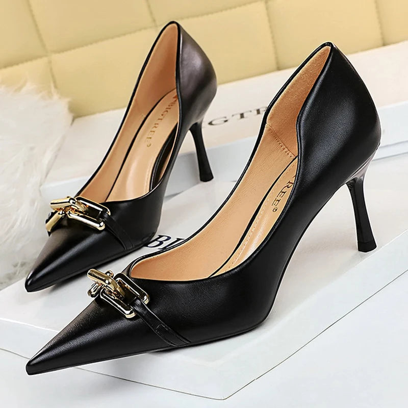 BIGTREE Shoes Elegant Women Pumps Metal Button Kitten Heels Women Shoes Stiletto Banquet Shoes Pointed High Heels Large Size 43