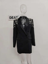 DEAT Fashion Women's Blazer Diamond Shoulder Pad Double Breasted Pockets Split Long Style Suit Jackets Winter 2024 New 7AB2553