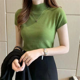 Women Spring Summer Knitted Pullover Sweater Lady Casual Turtleneck Solid Color Short Sleeve Blouse Pullover