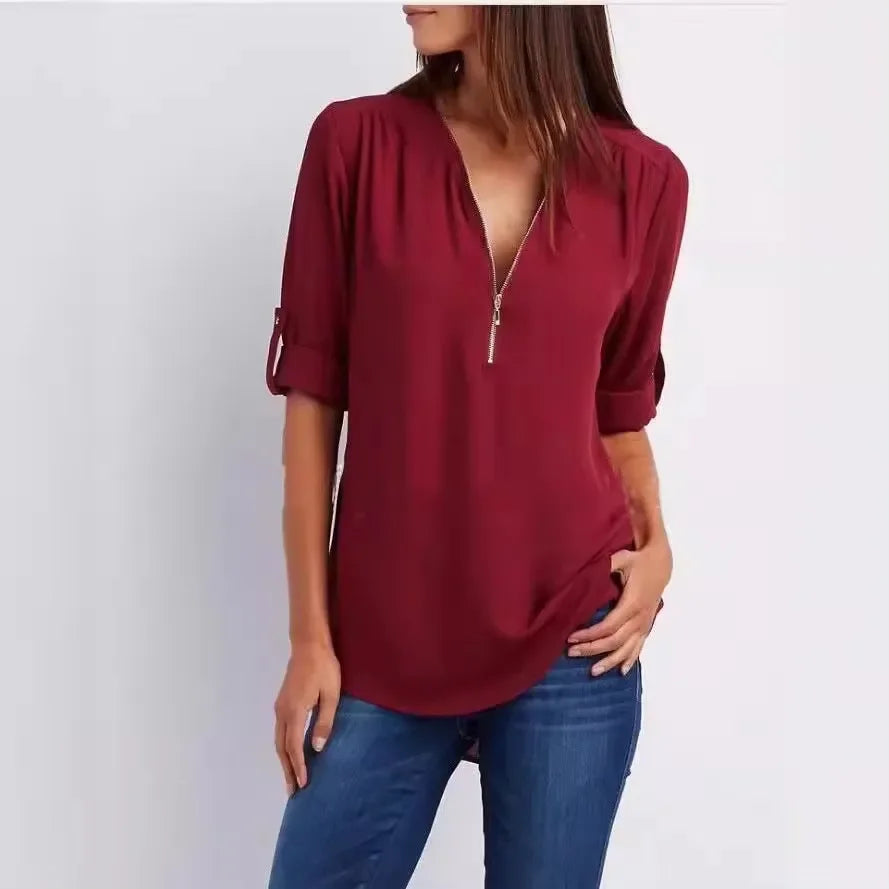 Hot Sale Women Cool Loose Shirt Deep V Neck Chiffon Fashion Blouse Casual Ladies Tops Sexy Zipper Pullover Plus Size