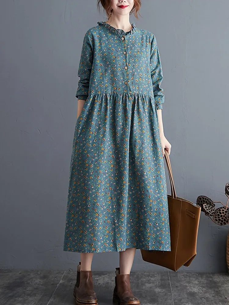 long sleeve cotton linen ruffle vintage floral new in dresses for women casual loose spring autumn dress elegant clothing