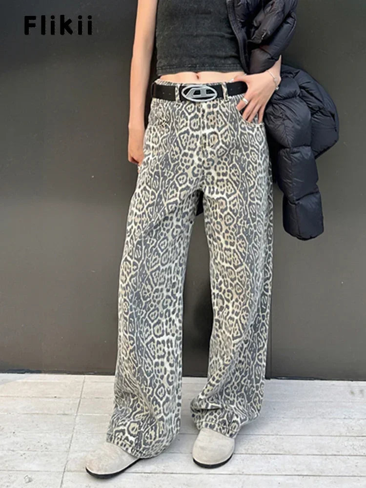 American Retro Leopard High Waist Baggy Jeans Women's Casual Pockets Hip-hop Pants Spring Y2K Oversiz Panther Denim Trouser