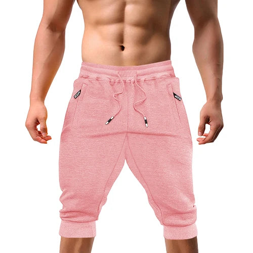 Casual Shorts 3/4 Jogger Capri Pants Men's Breathable Below Knee Outdoor Sports Gym Fitness Shorts with Zipper Pockets