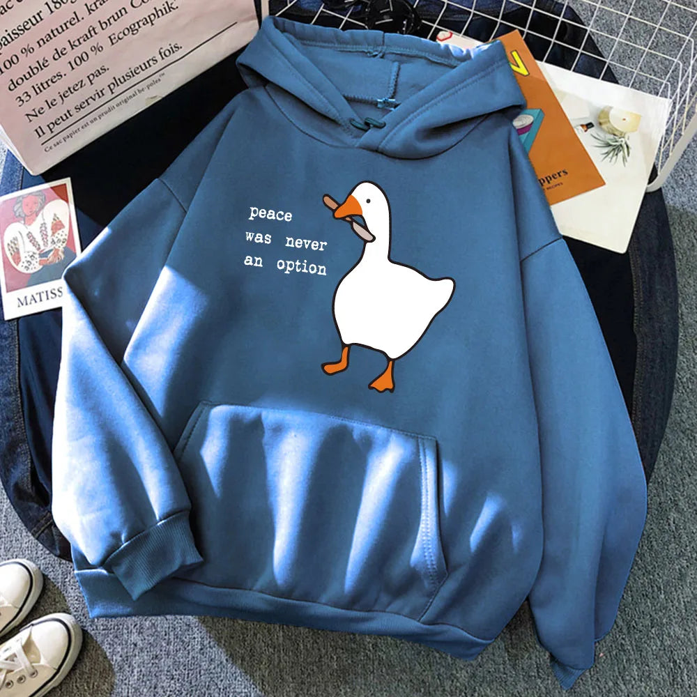 Peace Was Never An Option Goose Printing Mens Hoodies Cute Casual Pullover Creativity Pocket Warm Pullovers Fashion Male Hoody