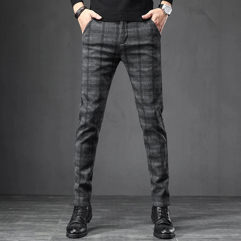 Autumn Men's Brushed Plaid Casual Pants Korean Style Gray Elastic Straight Slim Fit Fashionable Work Pants Blue and Black Male