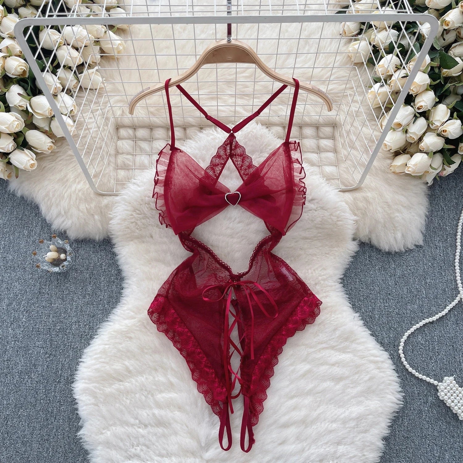 New In Women's Secret Clothes Christmas Red Top Sexy Patchwork Bodysuit Cosplay Erotic Lingerie Winter Strap Pajamas Nightwear