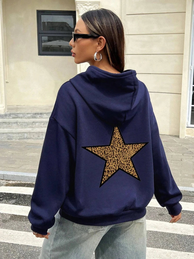 Casual Womans Hoodies Leopard Pentagram Pattern Printing Pullovers Loose Pocket Warm Fleece Sweatshirts Autumn Female Clothing