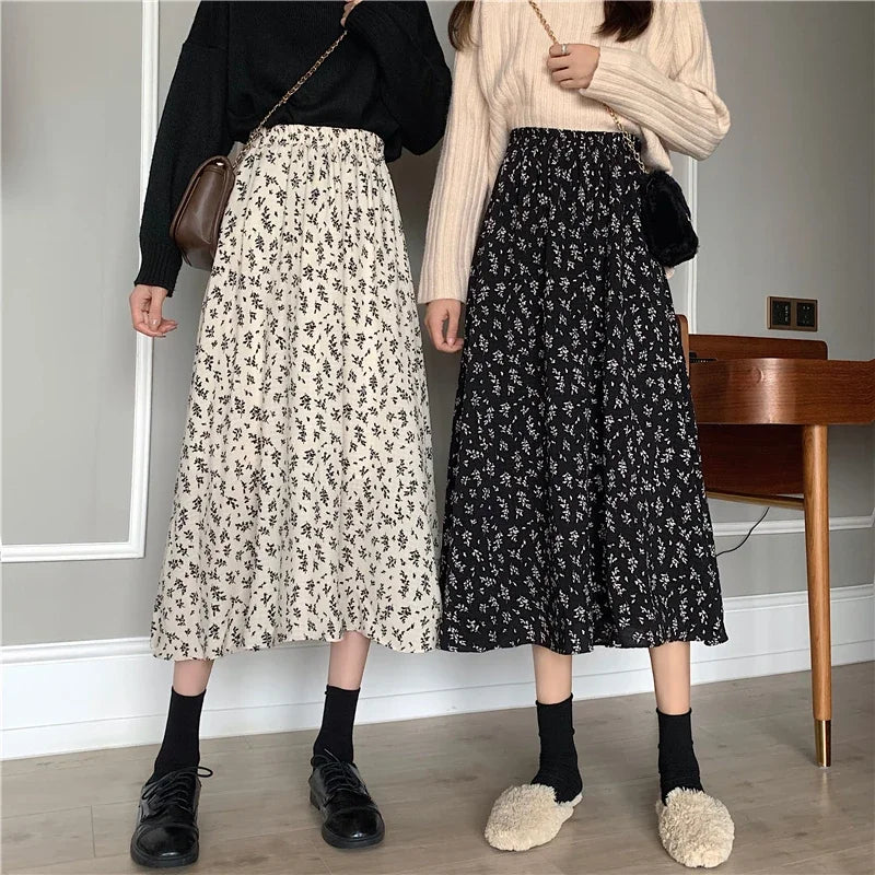 2024 Korean Skirt Streetwear Drawstring Elastic Waist Midi Skirt Vintage Floral Print A-line Pleated Long Skirts Summer Women