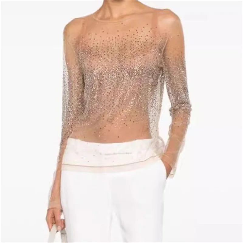 T-shirt 2024 Summer Water Diamond Decoration Round neck Cover Up Fake two-piece Translucent Mesh long sleeved top y2k pullover