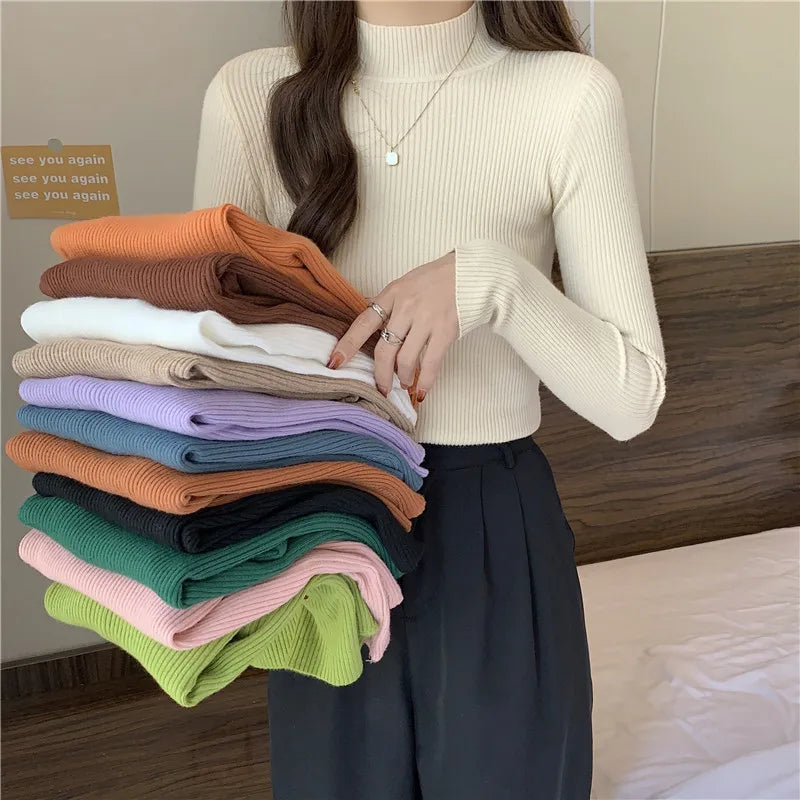 Women Autumn Winter Turtleneck Sweater Vintage Solid Basic Knitted Tops Casual Slim Pullover Korean Fashion Simple Chic Jumpers