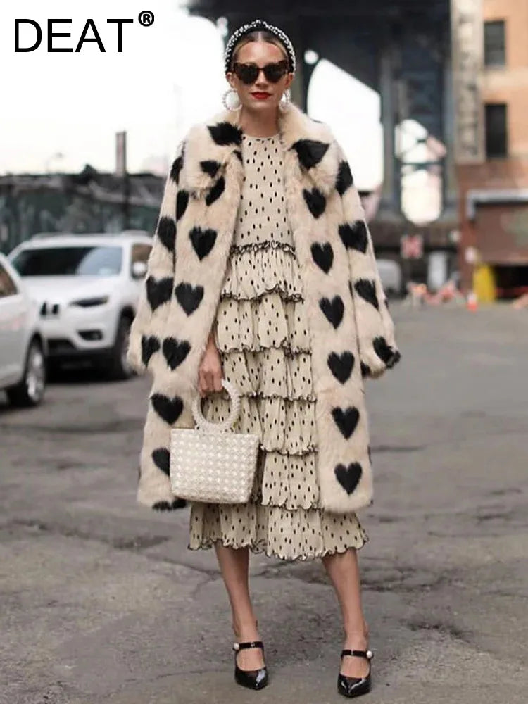 DEAT Fashion Women's Faux Fur Coat Lapel Loose Long Sleeve Plush Black Love Thick Warm White Overcoat Winter 2022 New 7AB2449