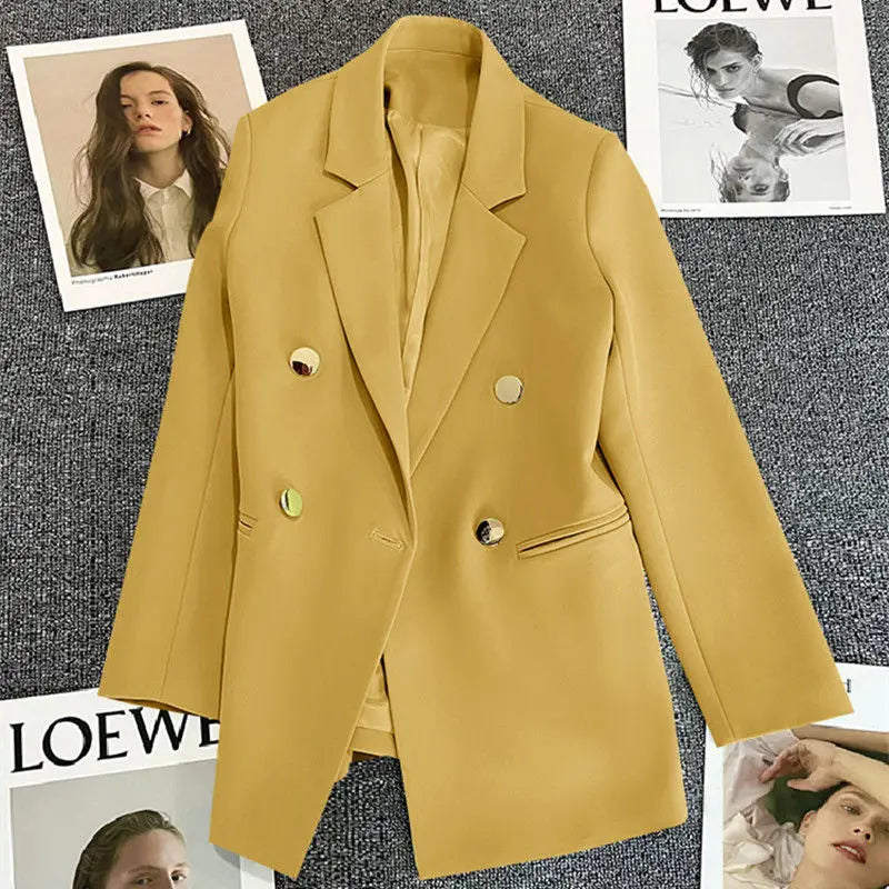 Solid Casual Coat Metal Buckle Small Suit Jacket Women Clothing Summer Double Breasted Office Lady Elegant Blazers Thin Autumn