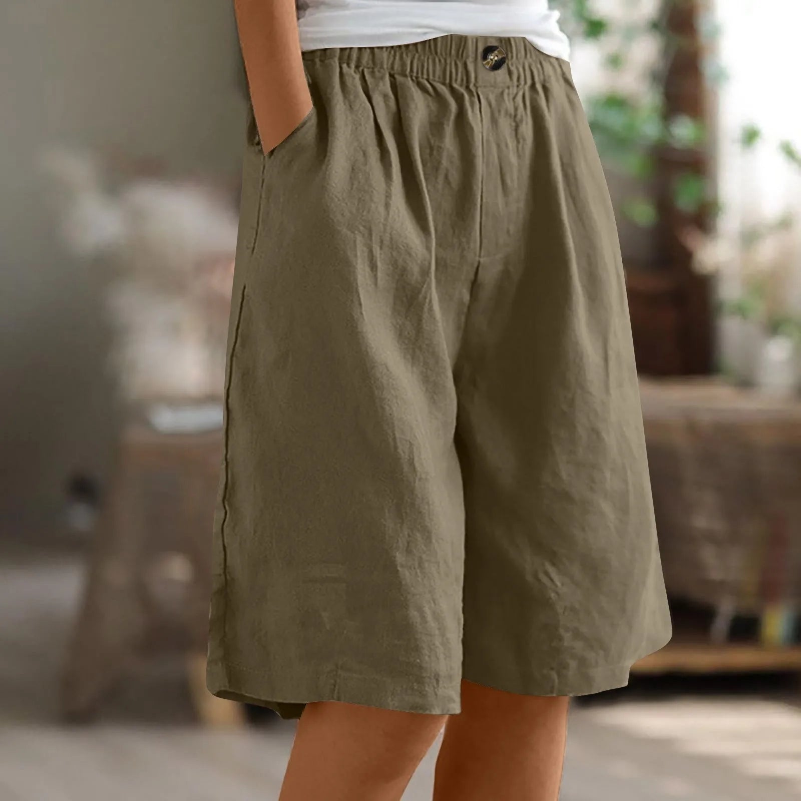 Cotton Linen Shorts Women Summer New Solid Vintage Elastic Waist Wide Leg Pants Casual Loose Five Point Shorts Women Clothing